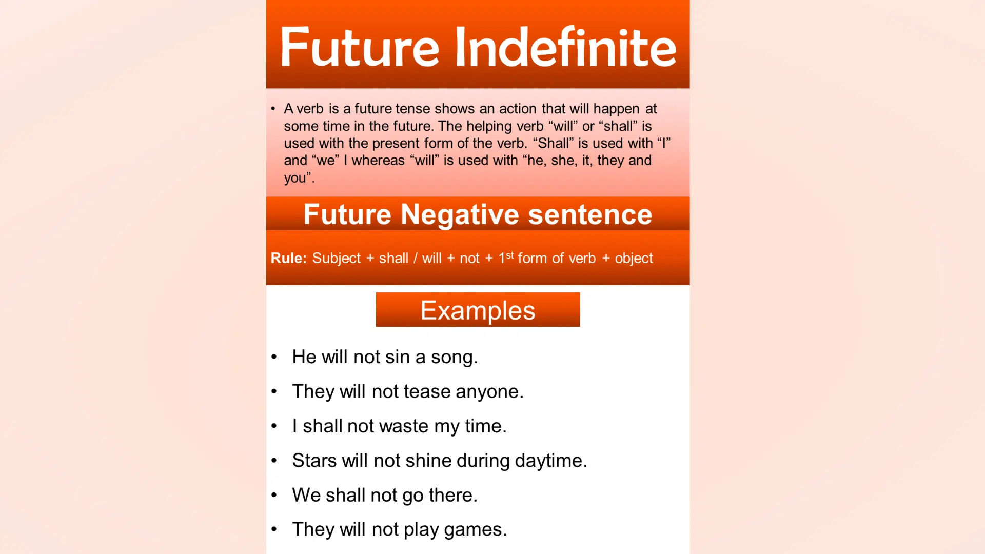 100 Future Indefinite Tense Negative Sentences