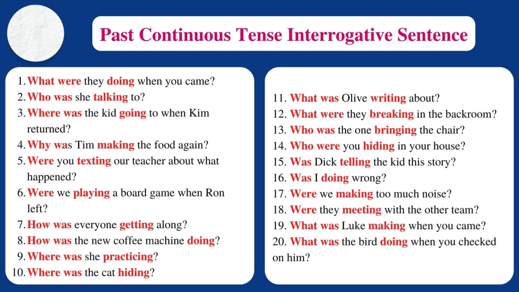 100 past continuous tense examples interrogative